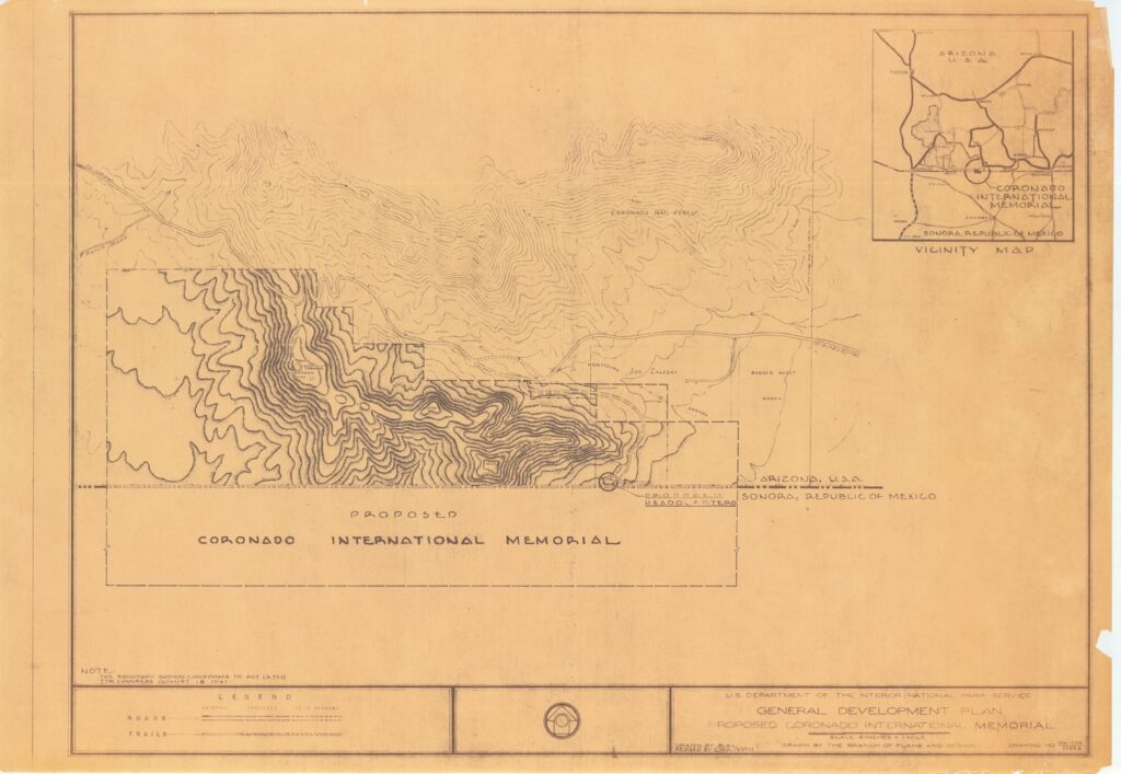 Tan map titled Proposed Coronado International Memorial, showing topography, labeled borders, and a small inset of the broader vicinity. Lines and shading indicate elevation changes and land features.